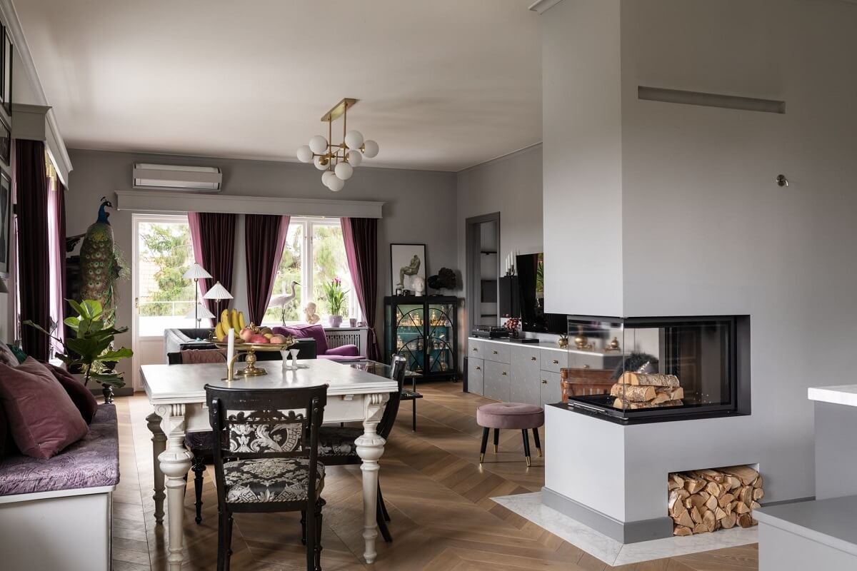 A Scandinavian Home with Purple Color Accents 1 open-plan-living-room-dining-space-firpelace-nordroom