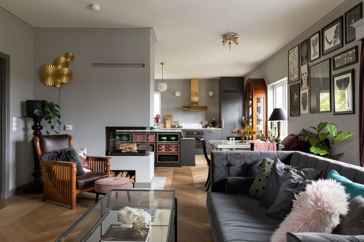 open-plan-living-room-kitchen-gray-walls-fireplace-nordroom