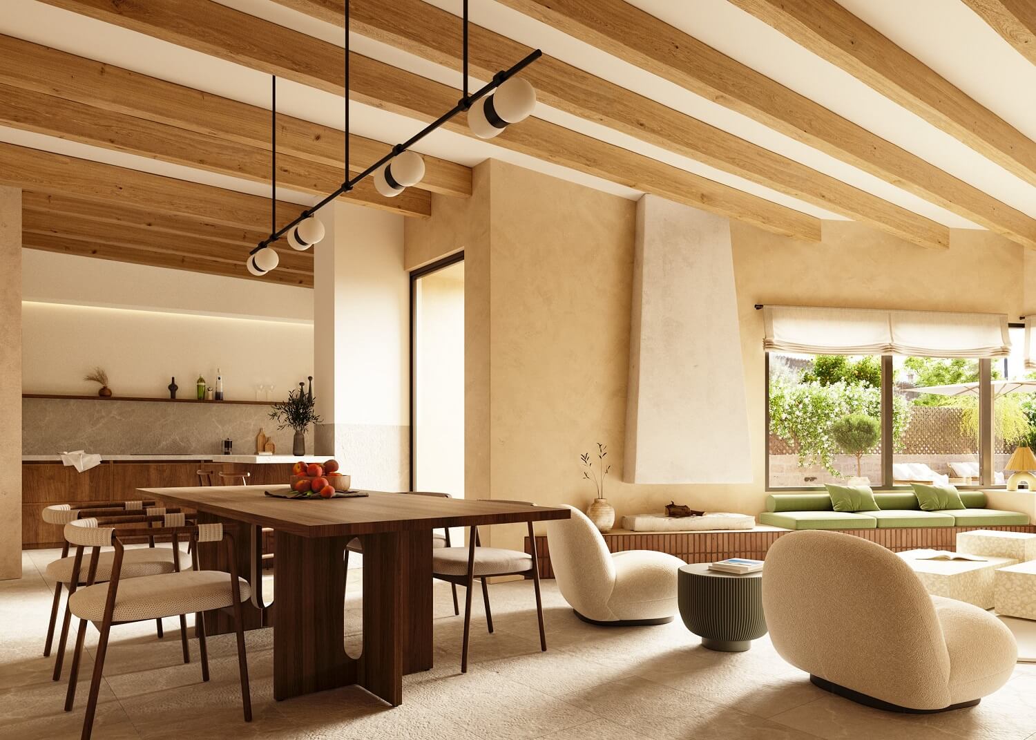 open-plan-living-space-kitchen-exposed-wooden-beams-townhouse-mallorca-nordroom