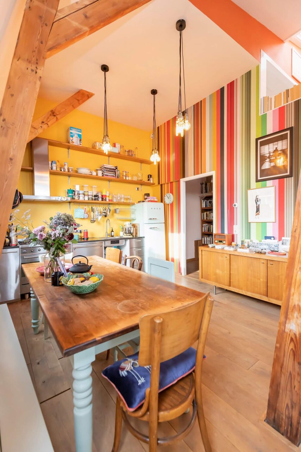 striped-wall-dining-area-kitchen-colorful-loft-nordroom