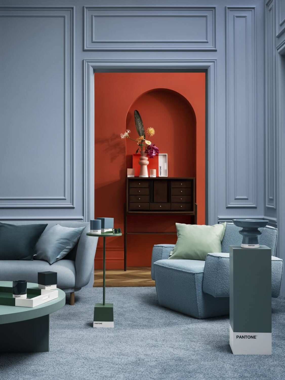 H&M-Home-Pantone-The-Power-of-Color-blue-living-room-red-hallway-arch-nordroom