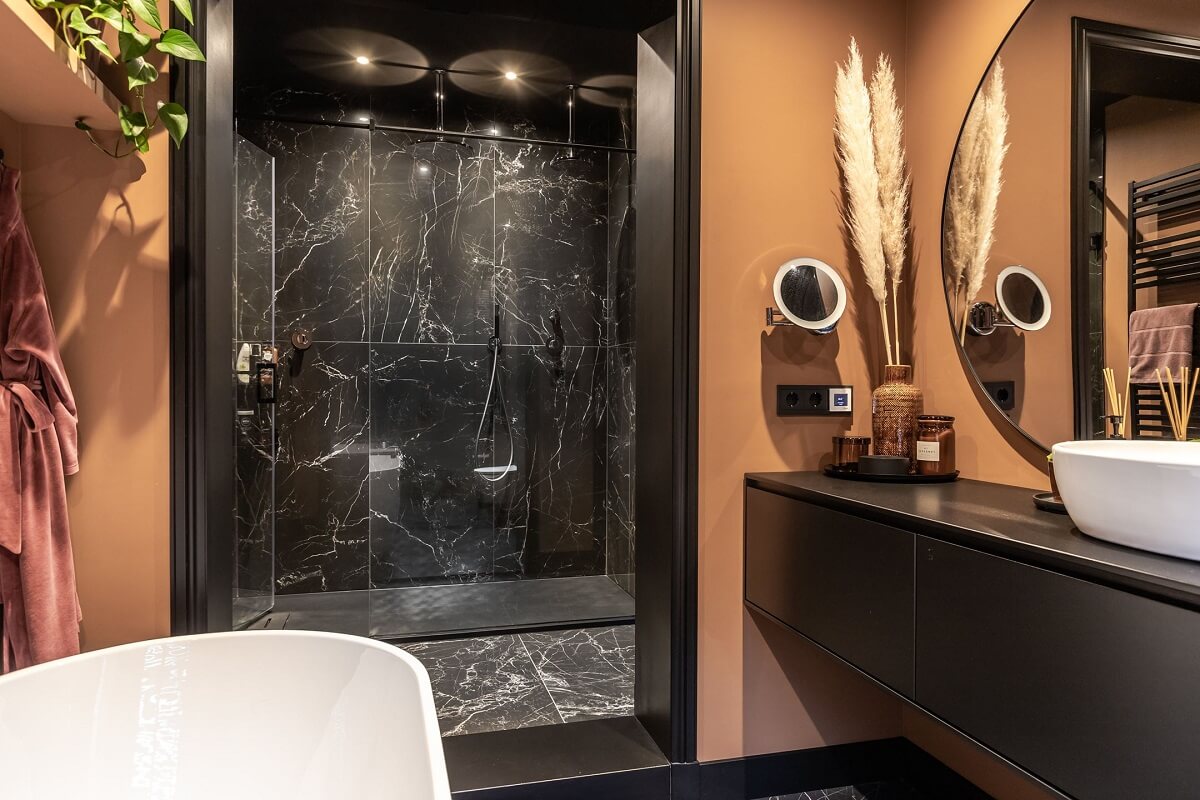 bathroom-black-marble-shower-earthy-wall-color-nordroom