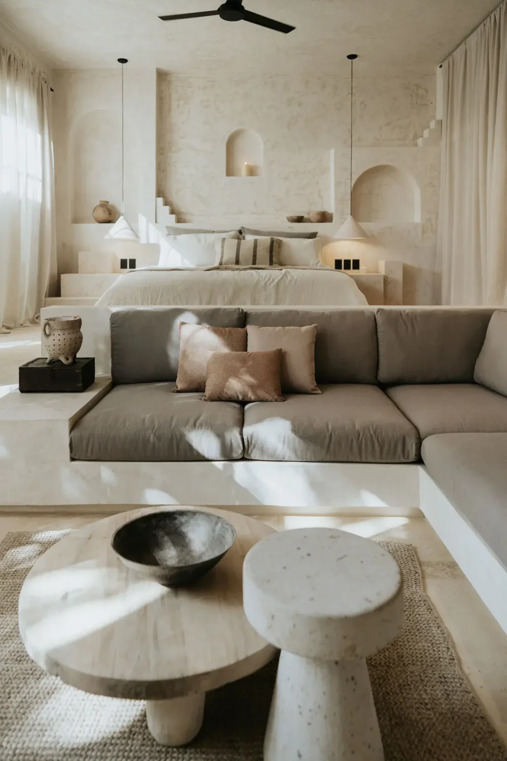 built in sofa sculptural coffee tables airbnb tulum