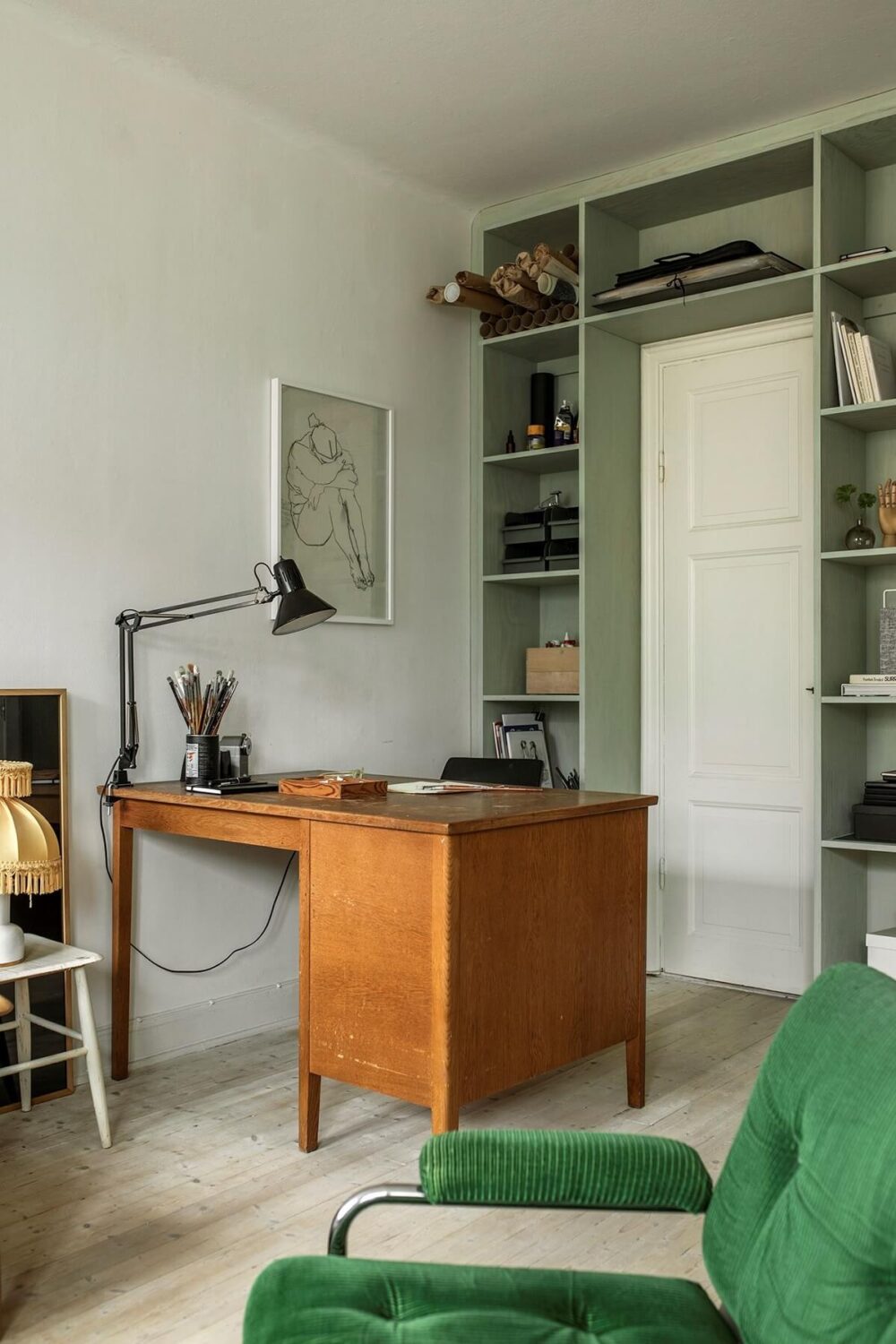living-room-bespoke-green-bookcase-vintage-desk-nordroom
