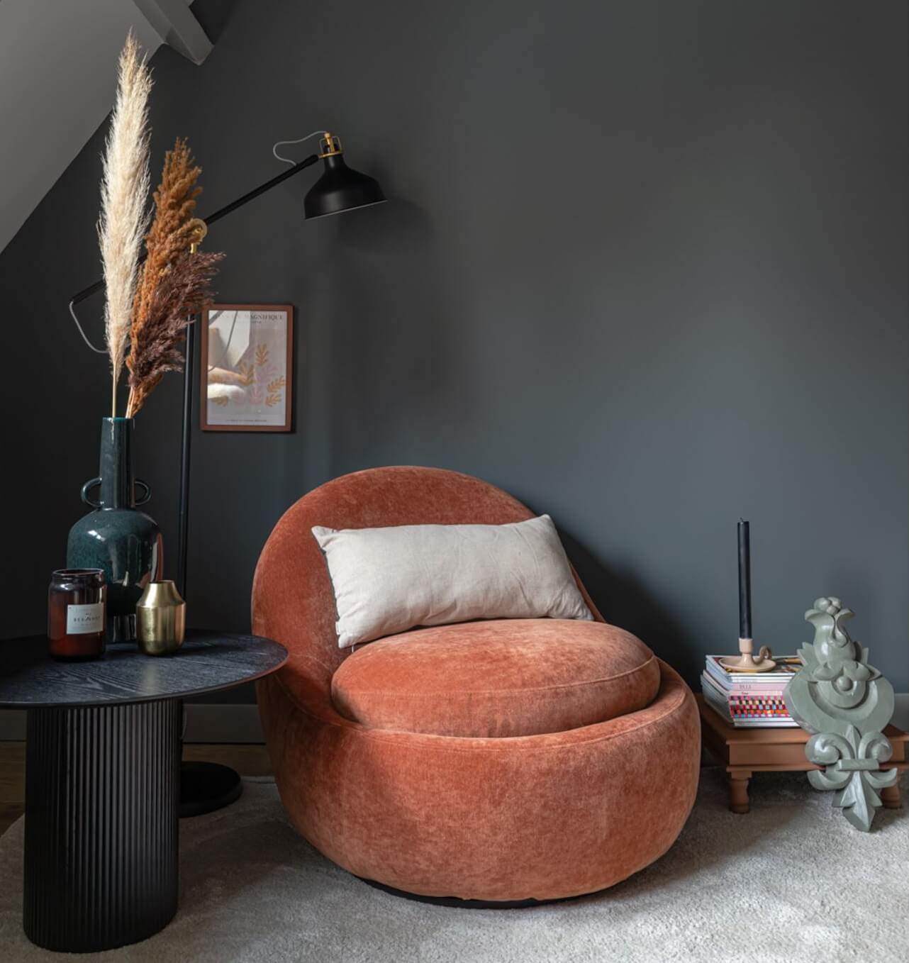 sitting-area-dark-gray-walls-rusty-red-chair-nordroom
