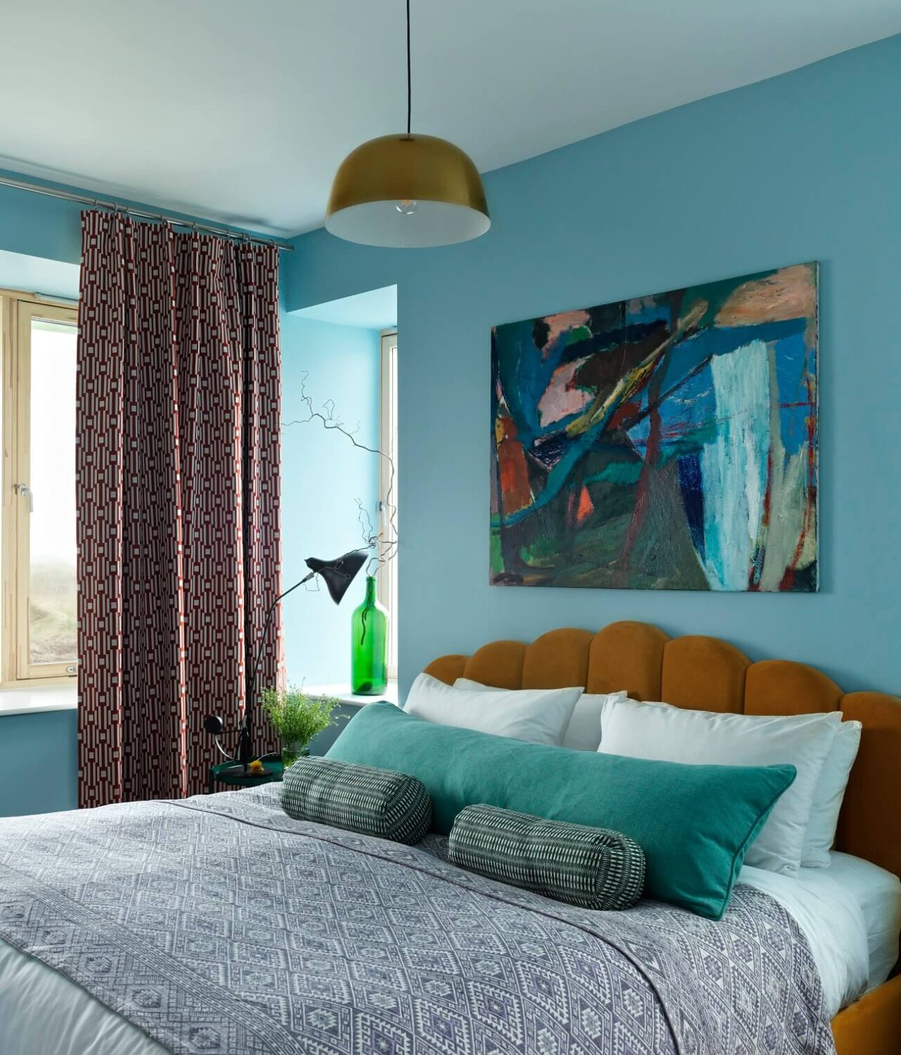 70s-style-Bedroom-blue-walls-ochre-yellow-headboard-nordroom