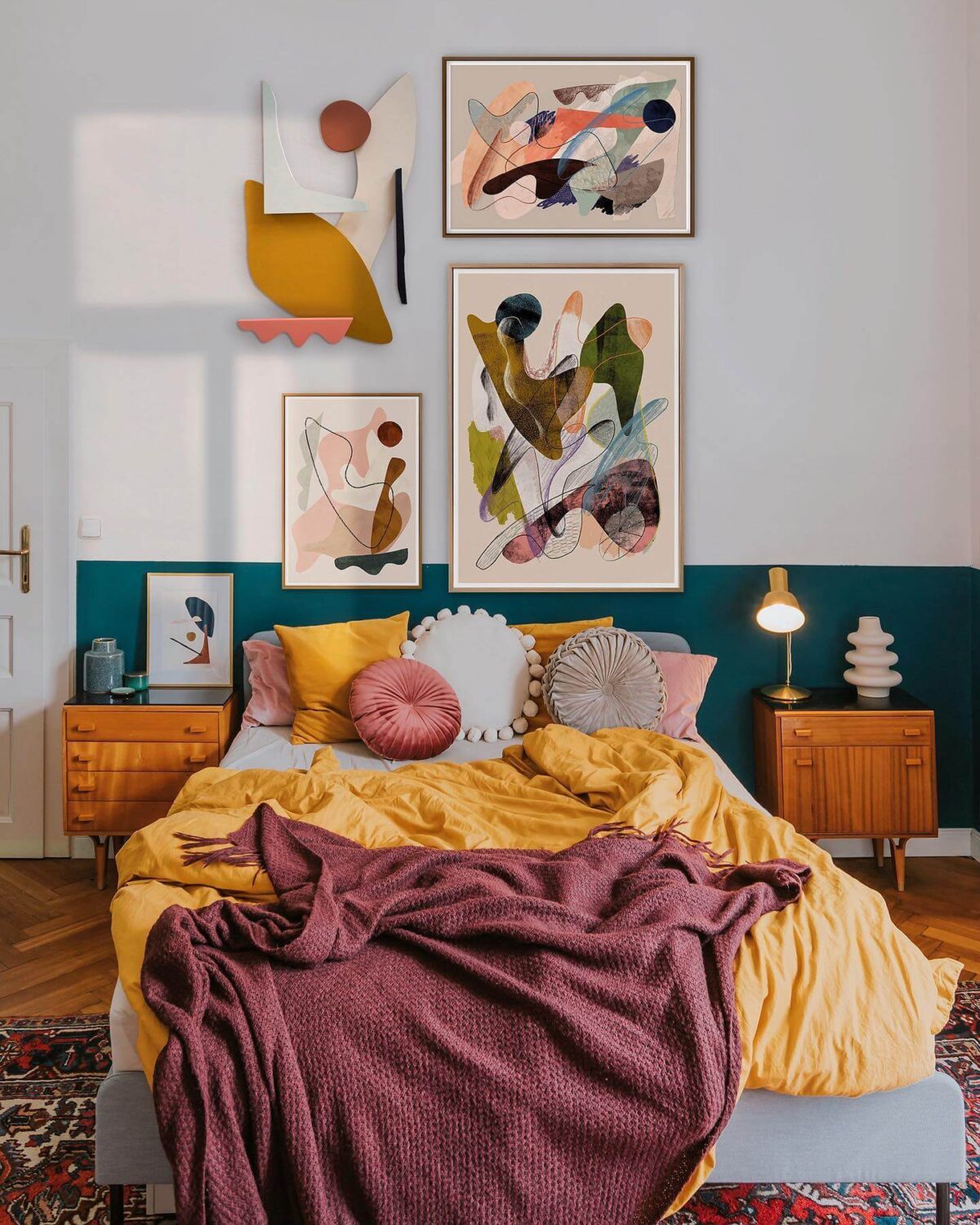 bedroom green half painted wall ochre yellow bedding