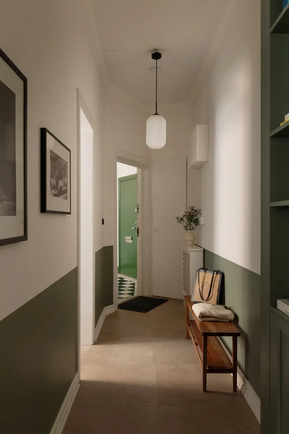 hall half painted green wall built in bookshelves nordroom Two-Tone Walls Ideas: Create A Color Blocking Accent Wall