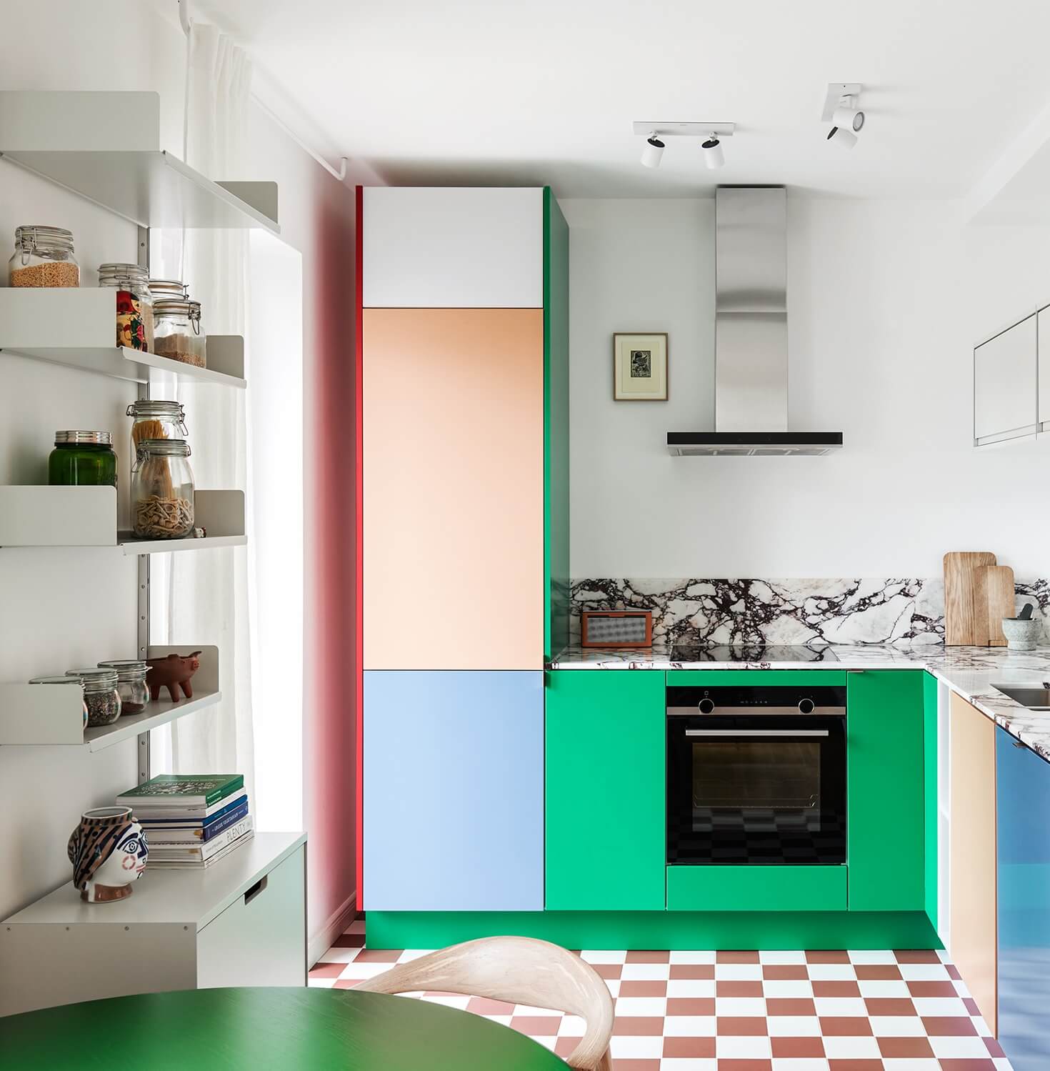 small-kitchen-pink-green-cabinets-yellow-window-nordroom