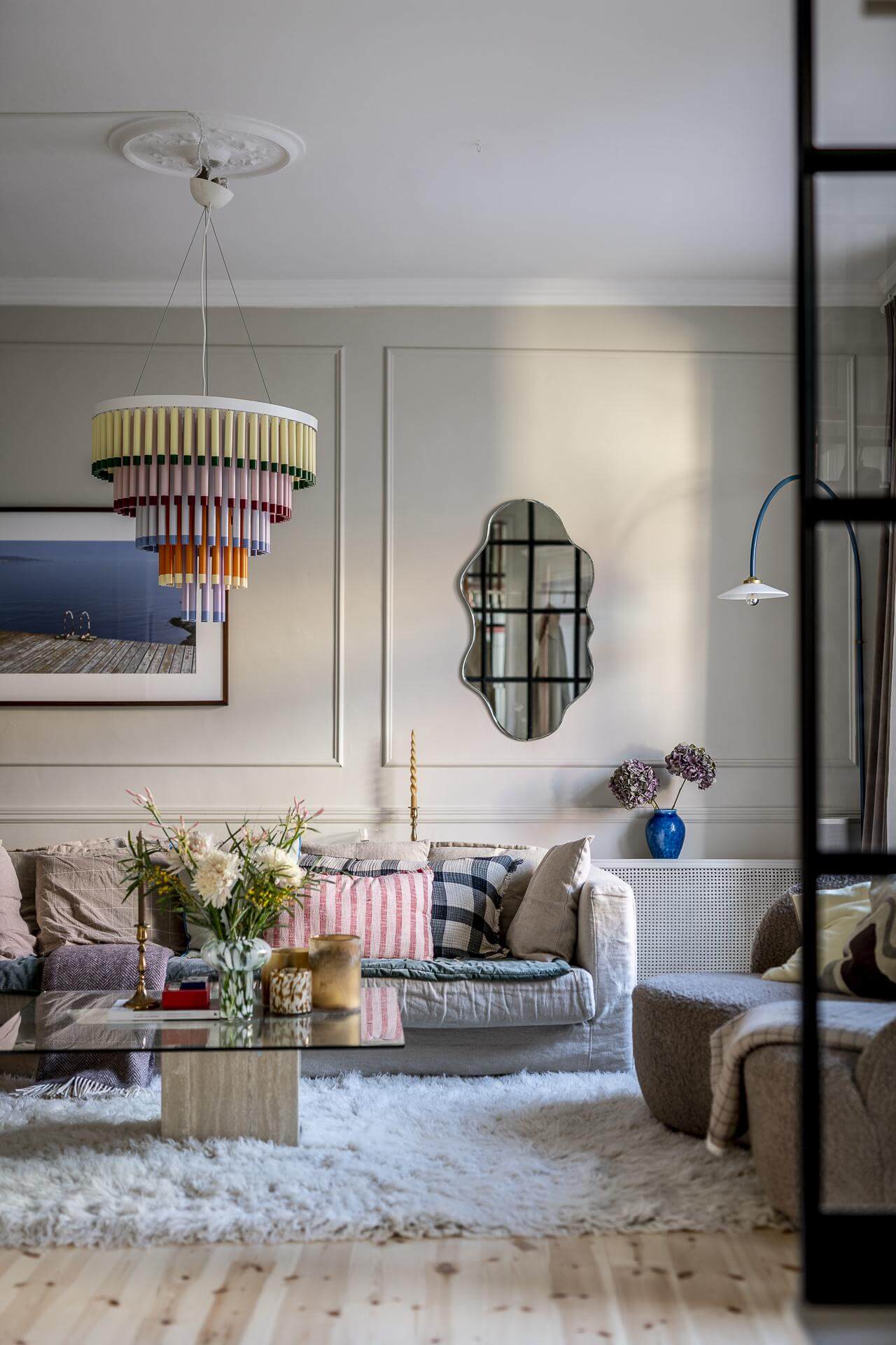 A Swedish Maisonette with a Blue Kitchen and Wallpaper