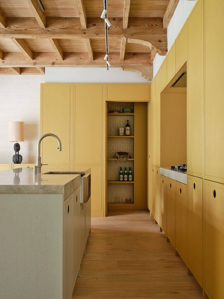 two-tone-kitchen-cabinet-ideas-yellow-cupboards-wooden-ceiling-nordroom