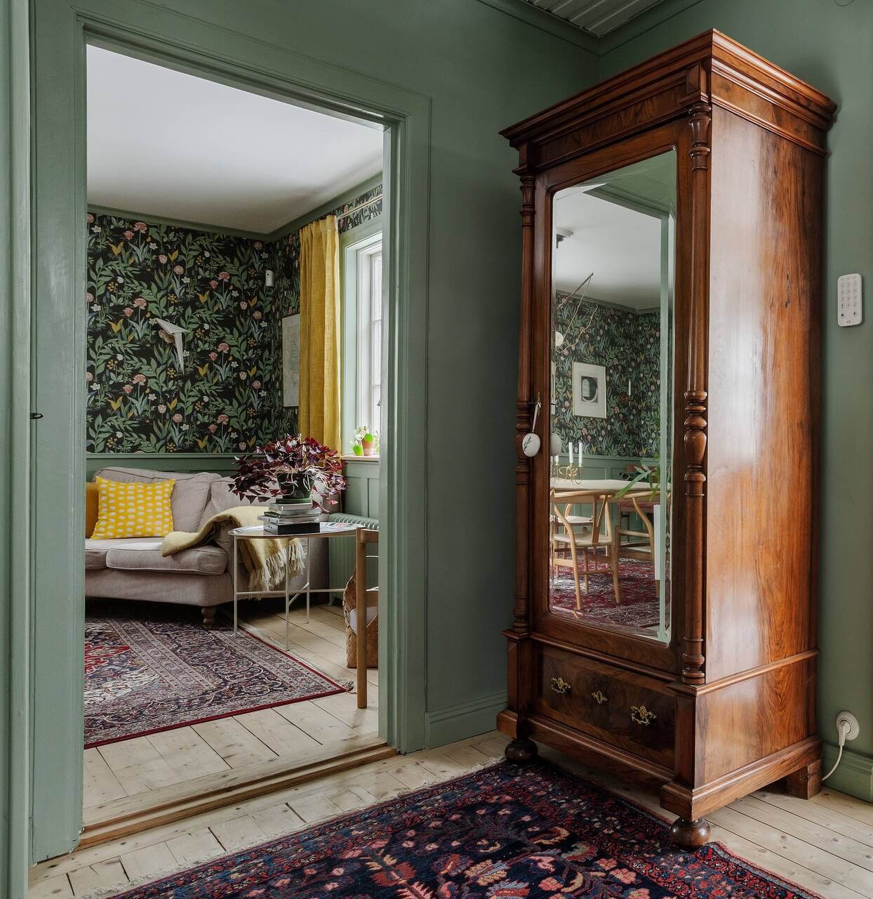 green-hallway-antique-mirror-wardrobe-nordroom