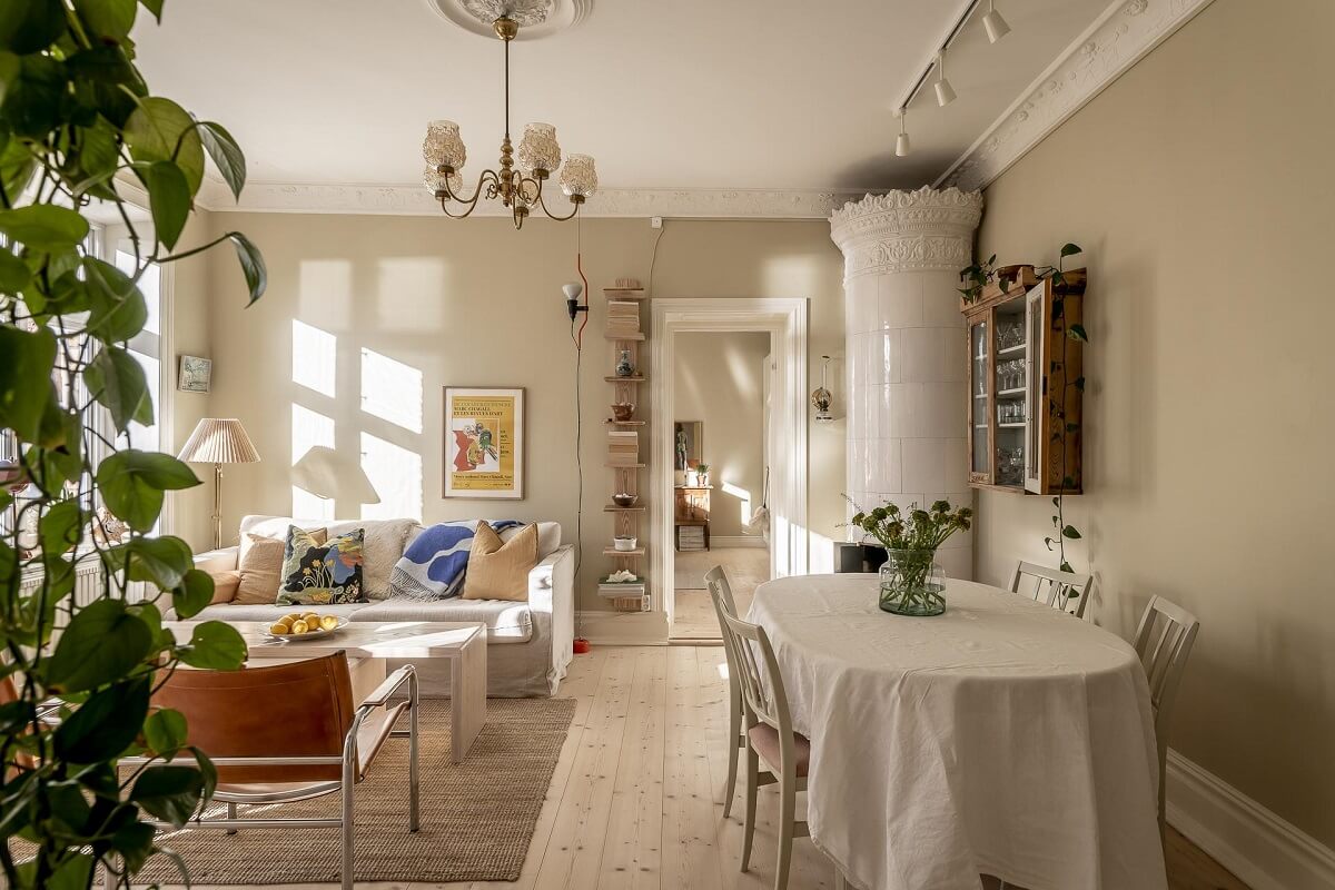 A Scandinavian Apartment with a Pale Yellow Kitchen