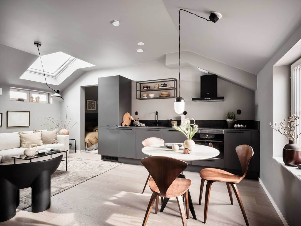small-attic-apartment-dark-gray-kitchen-slanted-ceiling-nordroom
