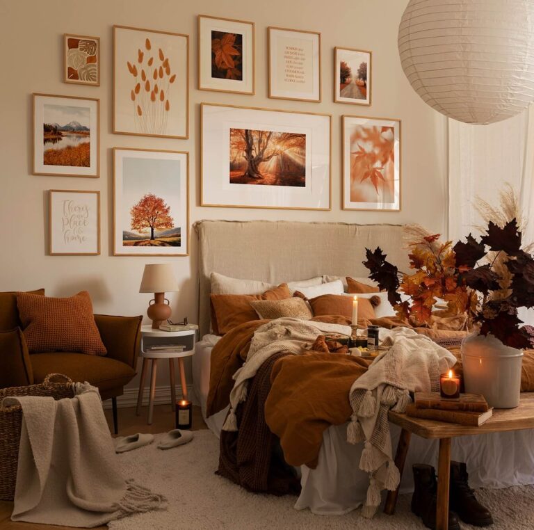 warm-bedroom-beige-walls-orange-color-accents-bedding-art-layered-textiles-nordroom