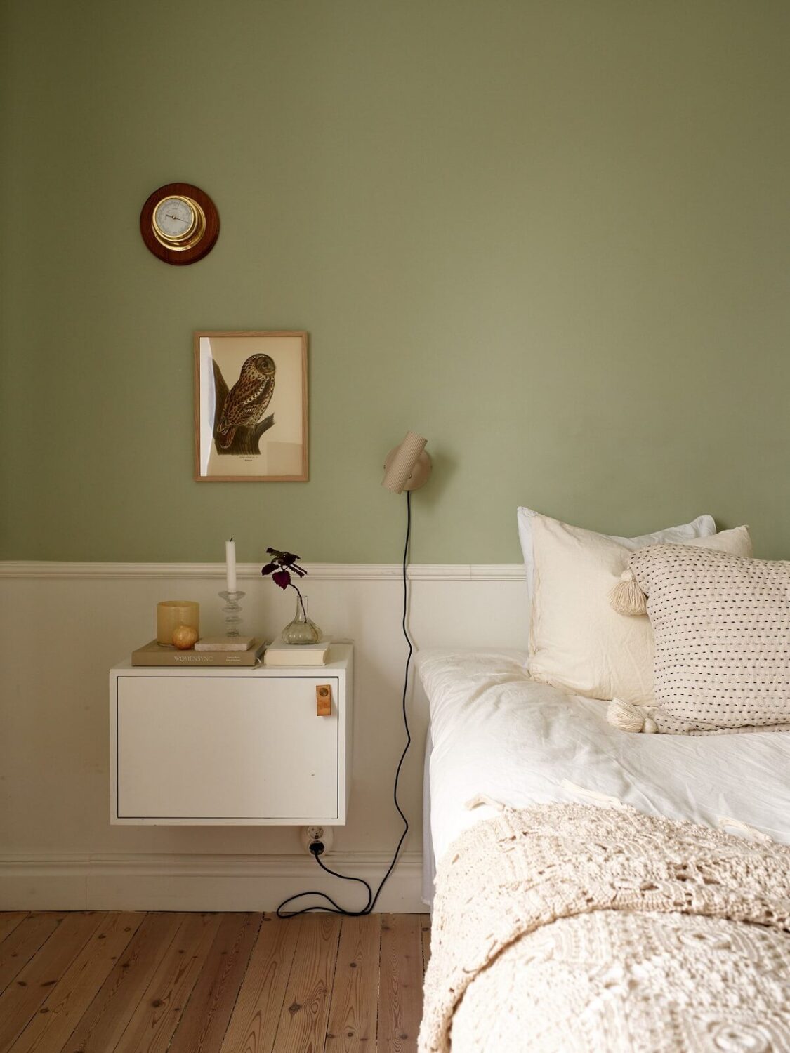 bedroom-floating-cabinets-nightstand-green-walls-white-bedding-nordroom