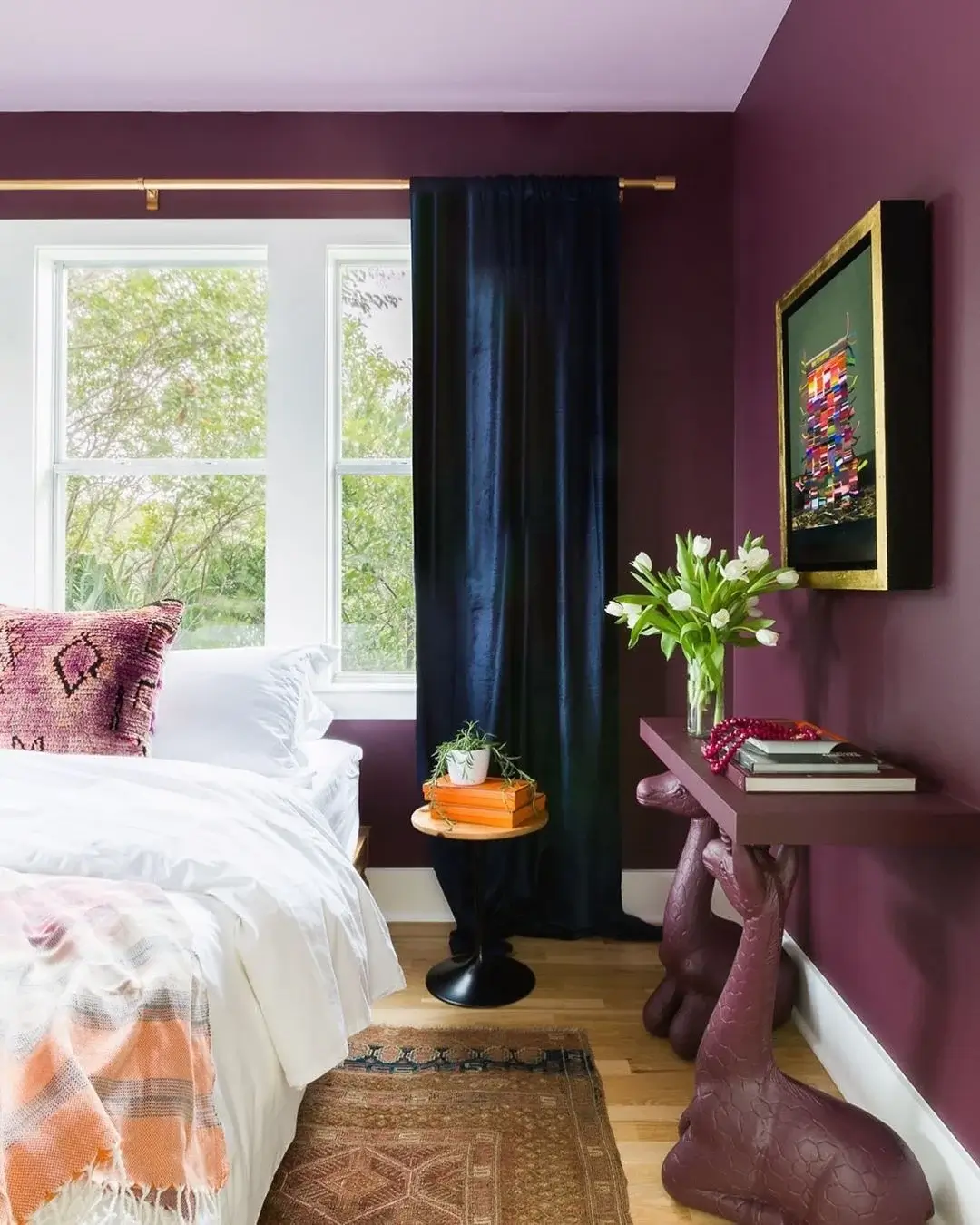 bedroom-purple-walls-farrow-ball-brinjal-deep-blue-velvet-curtains-nordroom