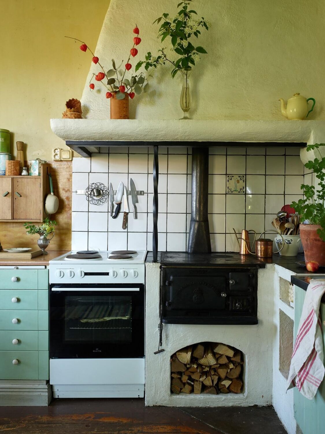green-walls-kitchen-original-wood-burning-stove-nordroom