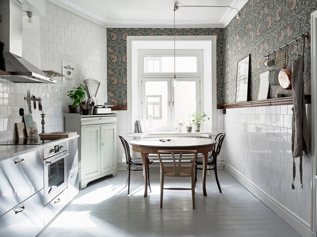 kitchen william morris wallpaper vintage cabinet nordroom A Scandi Home with Stainless Steel Kitchen and Wallpaper