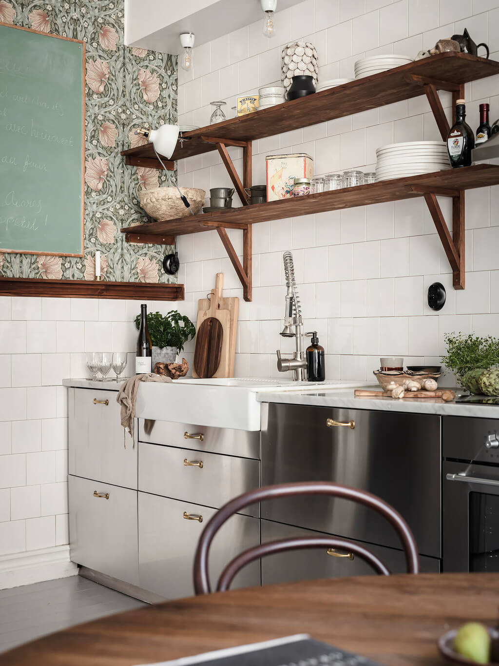 A Scandi Home with Stainless Steel Kitchen and Wallpaper