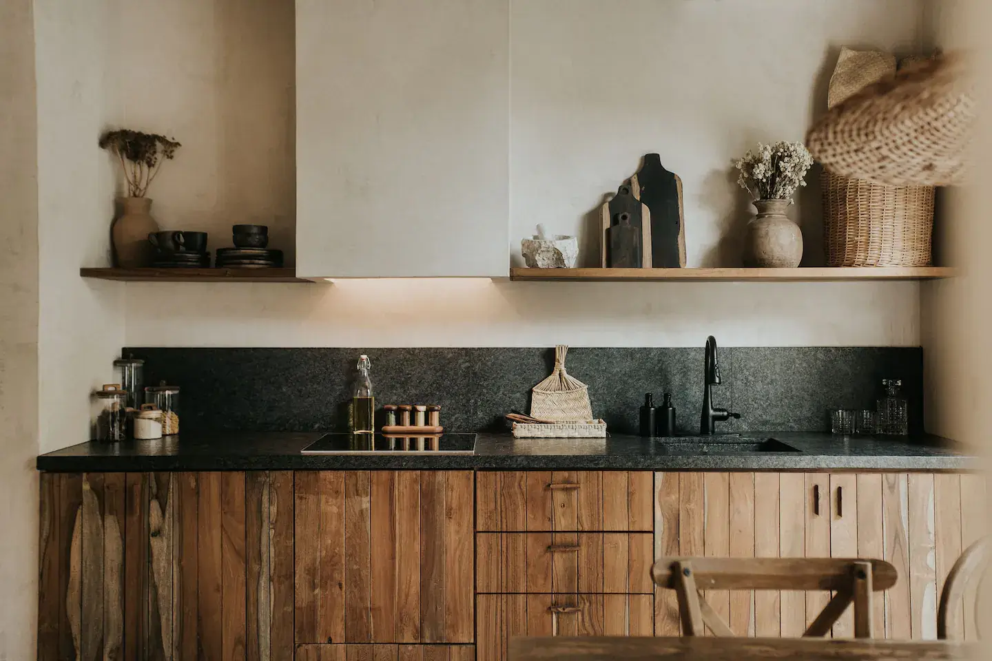 rustic-wooden-kitchen-cabinets-black-worktop-backsplash-open-wooden-shelf-nordroom