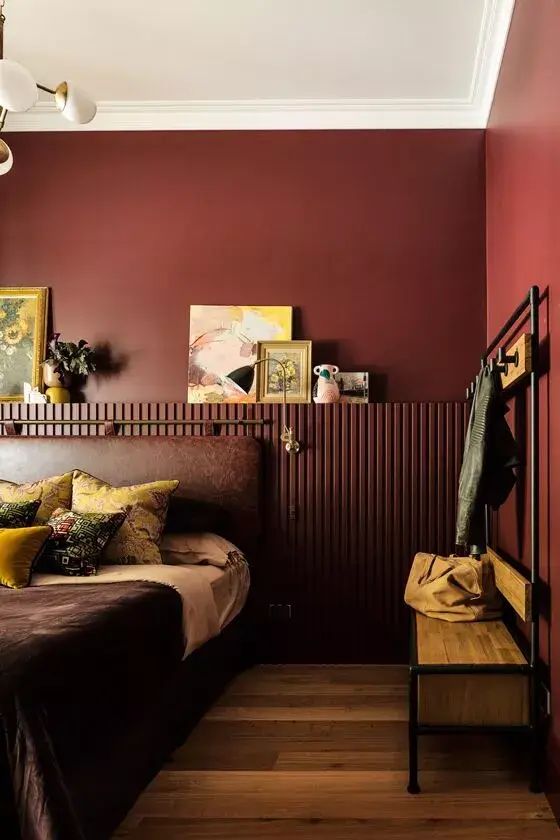 warm-bedroom-burgundy-paint-color-ledge-leather-headboard-nordroom