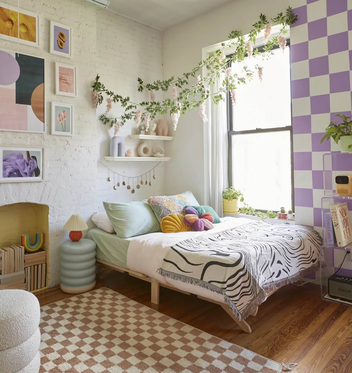 colorful-bedroom-hanging-plants-white-painted-brick-wall-nordroom
