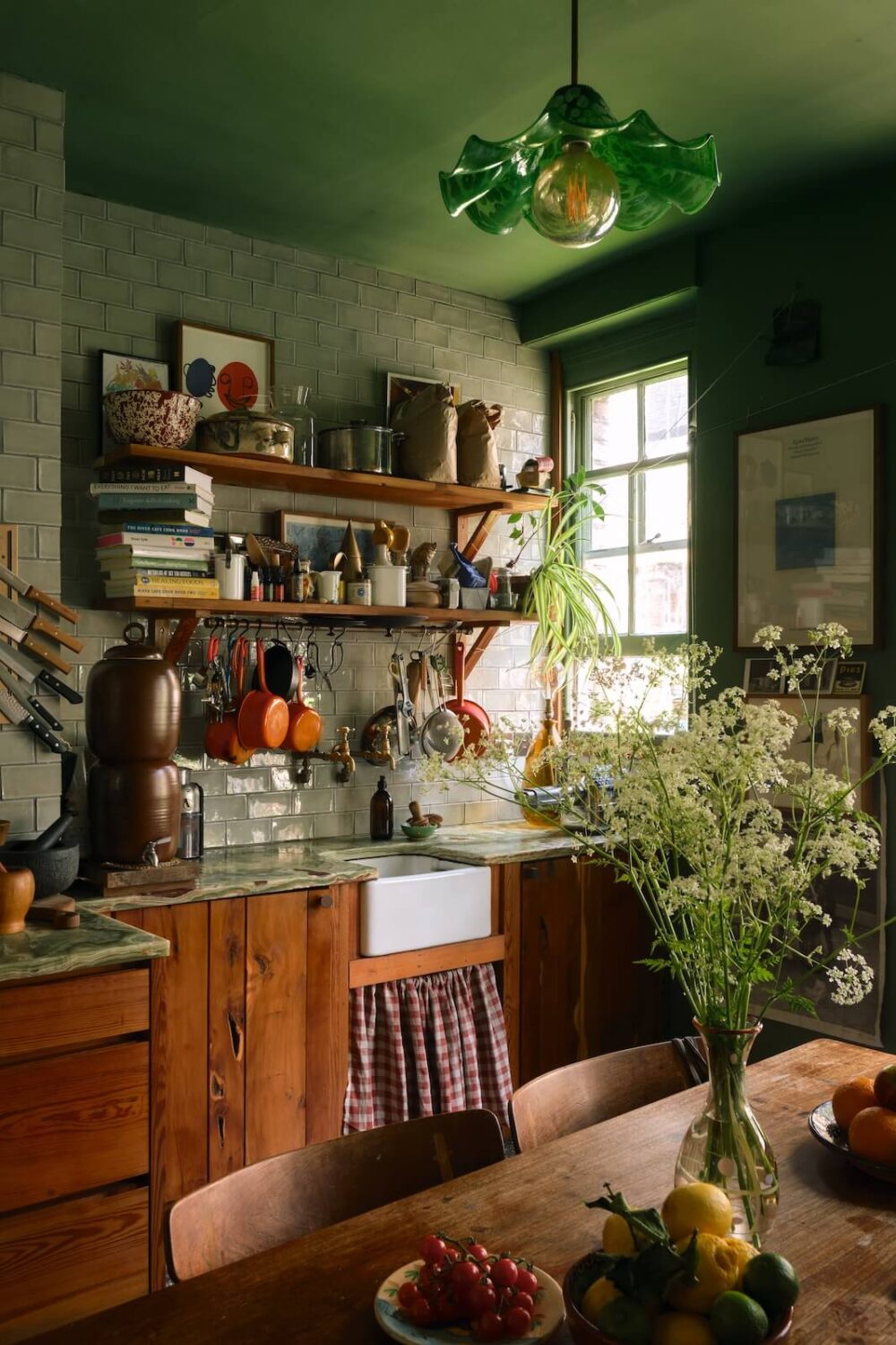 cozy-kitchen-wooden-cabinets-green-ceiling-pale-green-tiles-open-shelves-nordroom