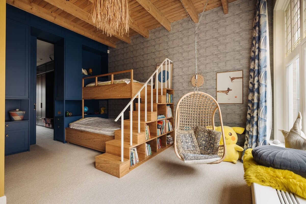 kids-room-bunk-beds-hanging-chair-wooden-ceiling-nordroom