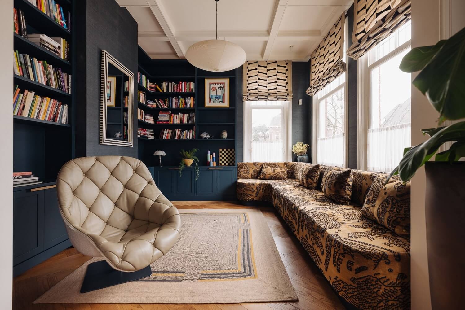reading-room-blue-bookcases-built-in-couch-mix-match-textures-patterns-nordroom