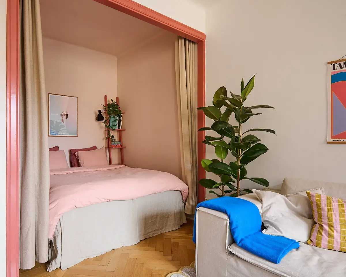 53 Studio Apartments with a Curtain Room Divider 72 studio apartment colorful bed niche curtain room dividers nordroom 53 Studio Apartments with a Curtain Room Divider