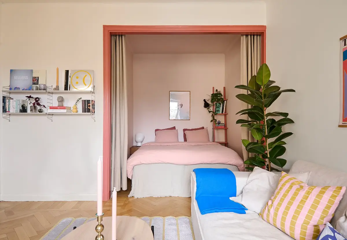 53 Studio Apartments with a Curtain Room Divider 73 studio light pink bed niche curtains nordroom 53 Studio Apartments with a Curtain Room Divider