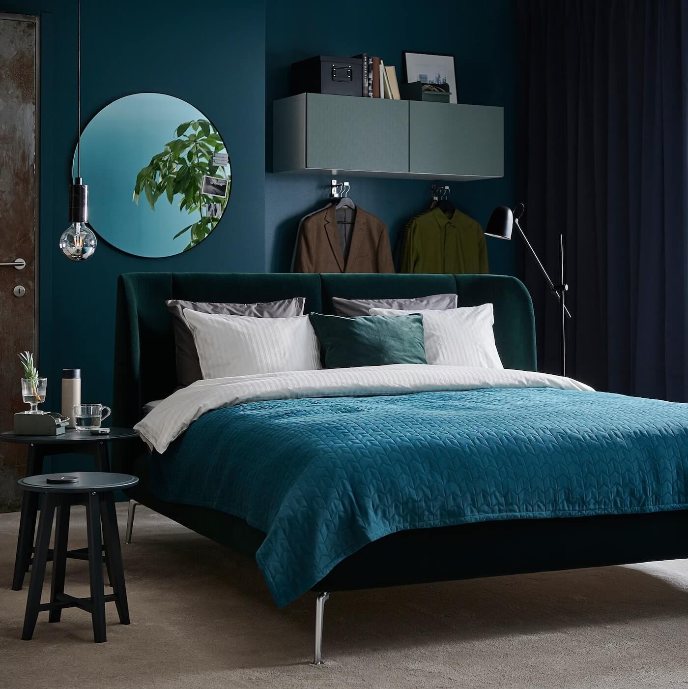 teal-blue-ikea-bedroom-round-mirror-nordroom