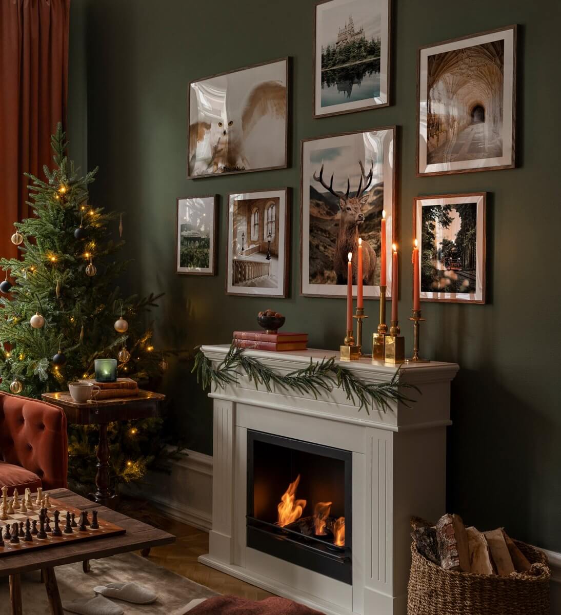 christmas-living-room-dark-olive-green-walls-earthy-color-accents-nordroom