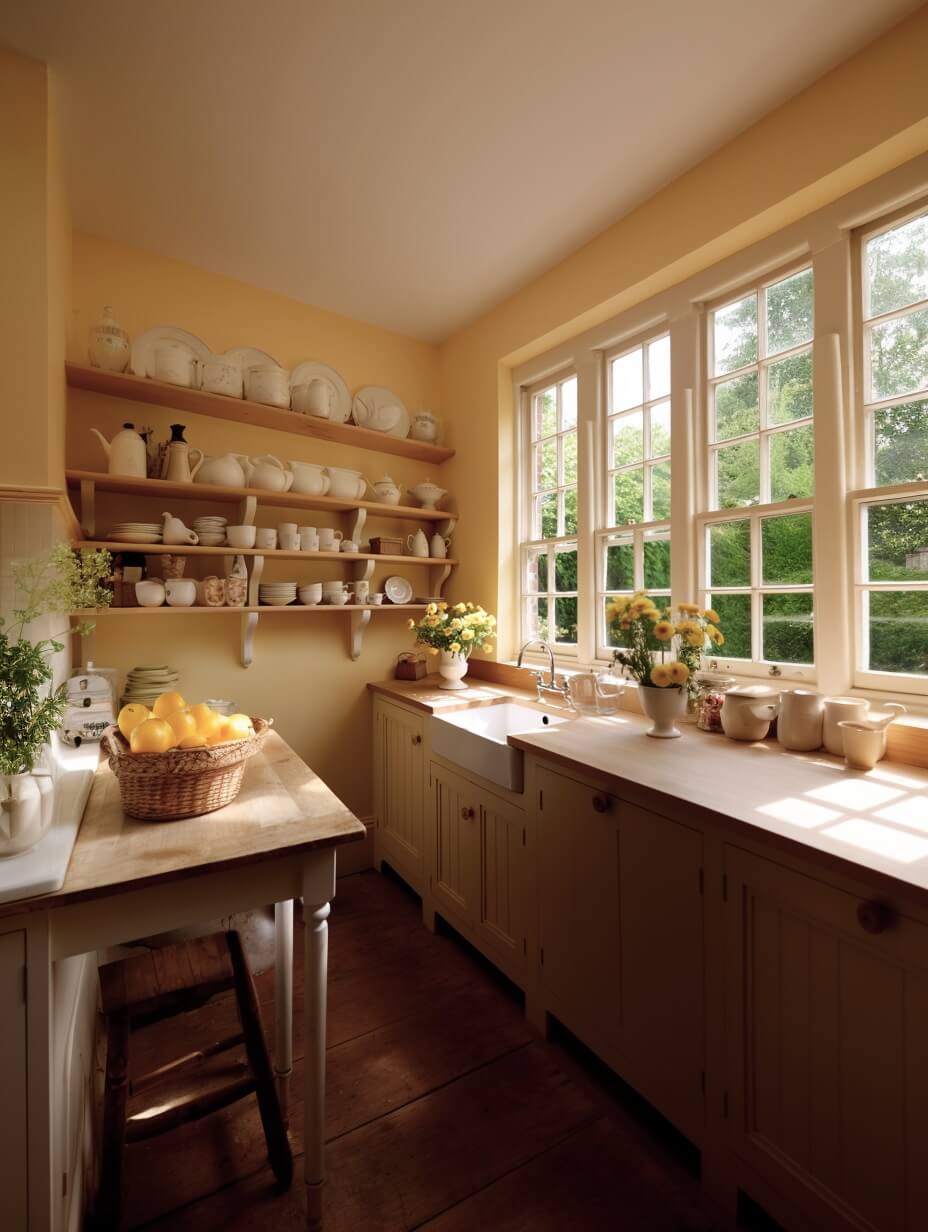 cottage kitchen light yellow walls cabinets open shelves butler sink ppg limitless color of the year nordroom