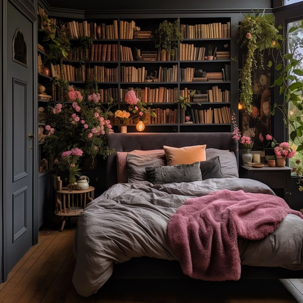 dark gray bedroom pink accents books nordroom