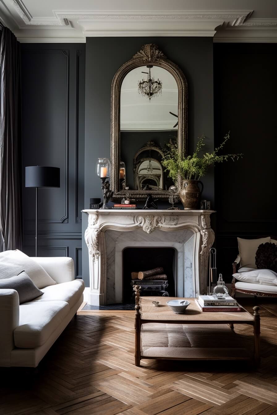 french_style_living_room_chevron_floor_dark_gray_walls_nordroom