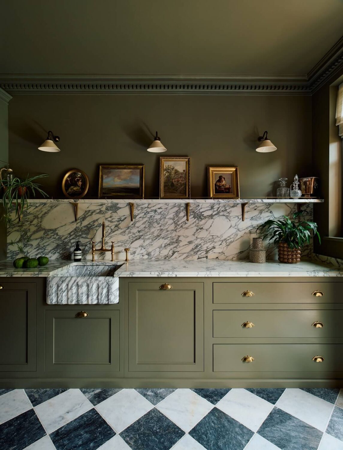 green-kitchen-shelf-brass-fittings-checkerboard-floor-nordroom