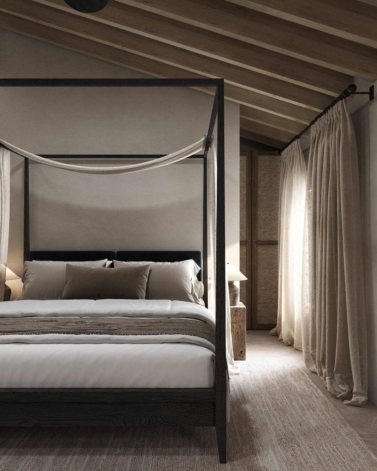 master-bedroom-canopyvbed-slanted-ceiling-wooden-beams-nordroom