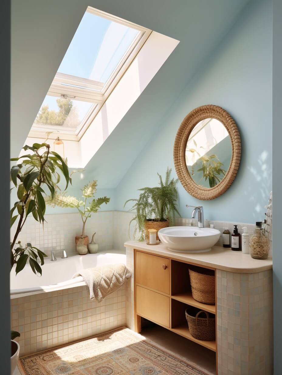 small bathroom pastel blue walls slanted ceiling skylight nordroom
