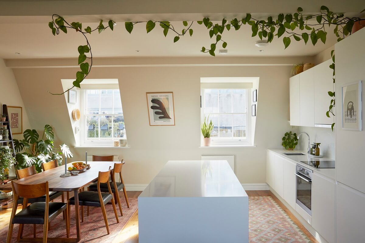 open-plan-kitchen-dining-room-white-cabinets-plants-on-ceiling-nordrom