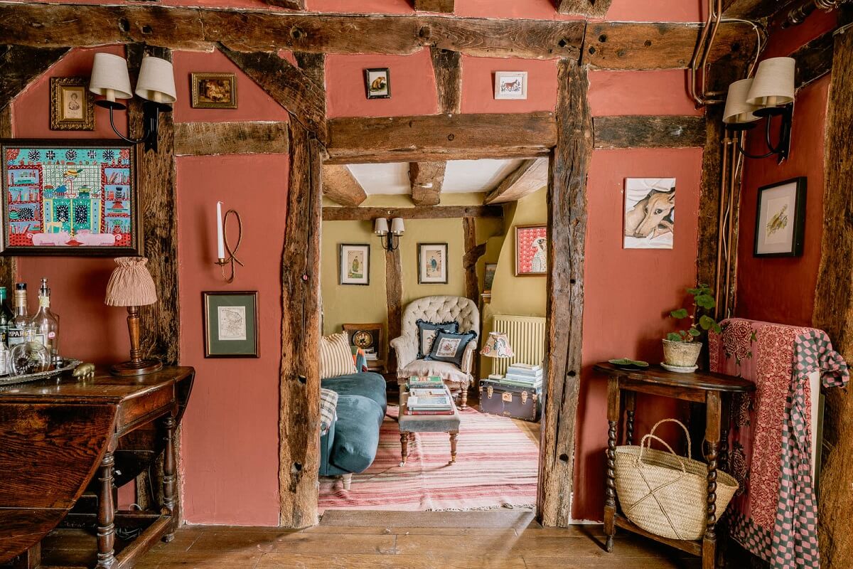 picture-gallery-red-dining-room-walls-exposed-beams-cottage-england-nordroom