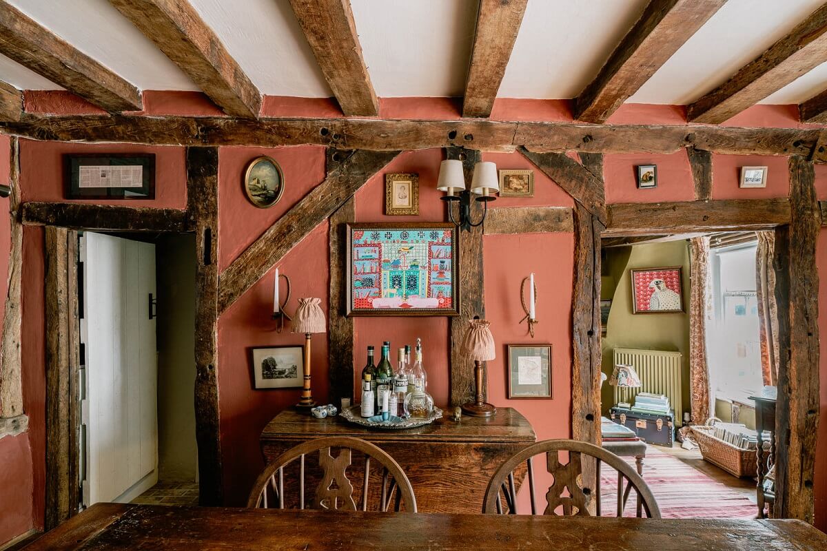 pink-dining-room-farrow-ball-exposed-beams-nordroom