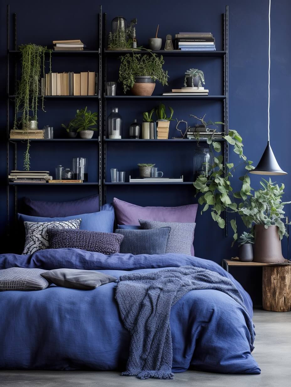 blue bedroom bookshelves plants