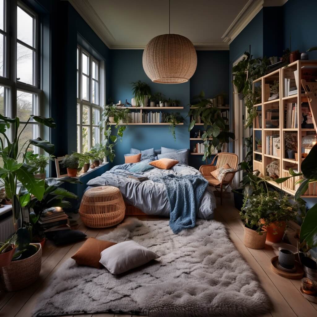 blue-bedroom-plants-bookcase-cozy-textiles-interior-trends-nordroom