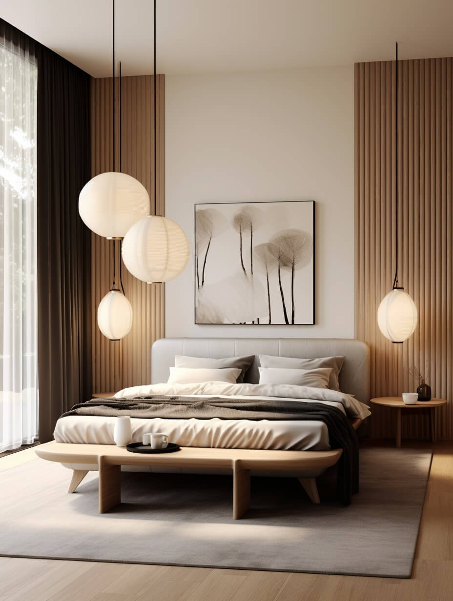 japandi-bedroom-pendant-lights-wood-accent-wall-interior-trends-nordroom
