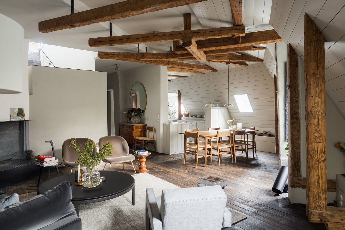 living room nordic penthouse wooden beams