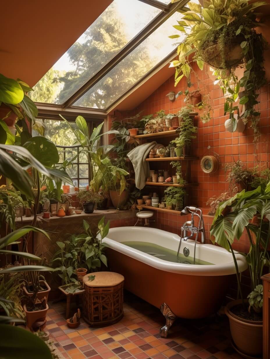 terracotta-bathroom-freestanding-bath-plants-skylight-nordroom