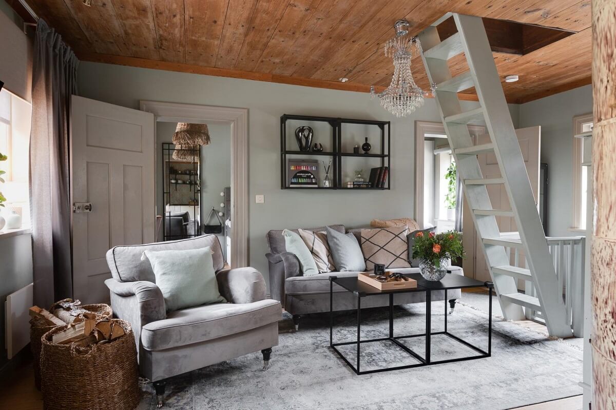 tiny living room light gray wooden ceiling