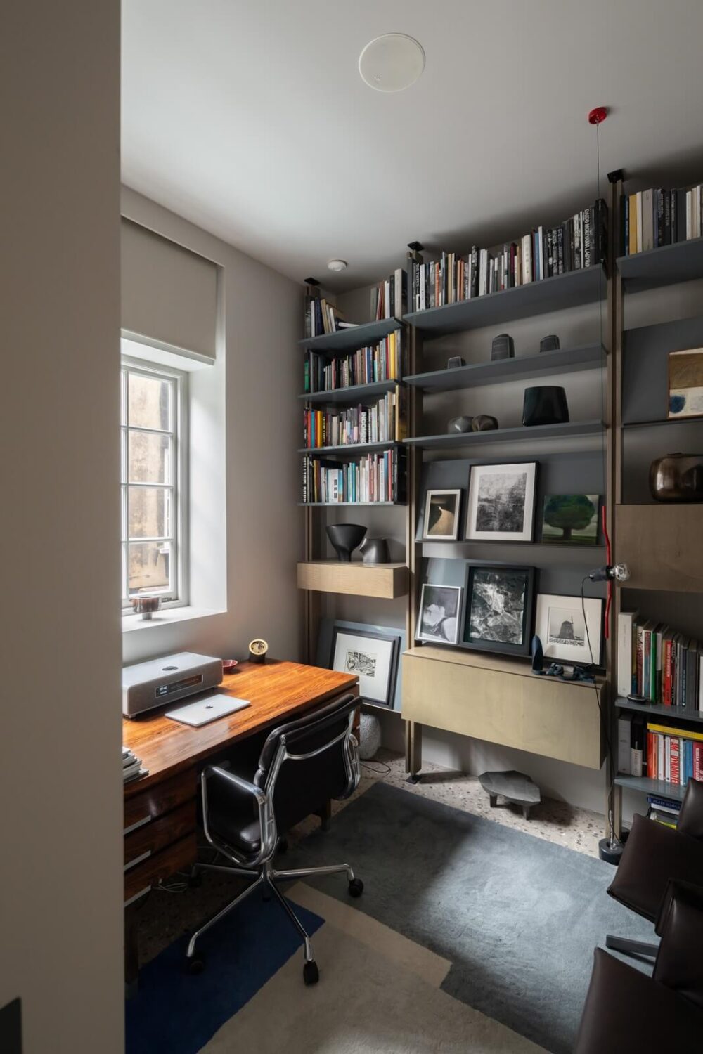 home office bookshelves gray tones nordroom